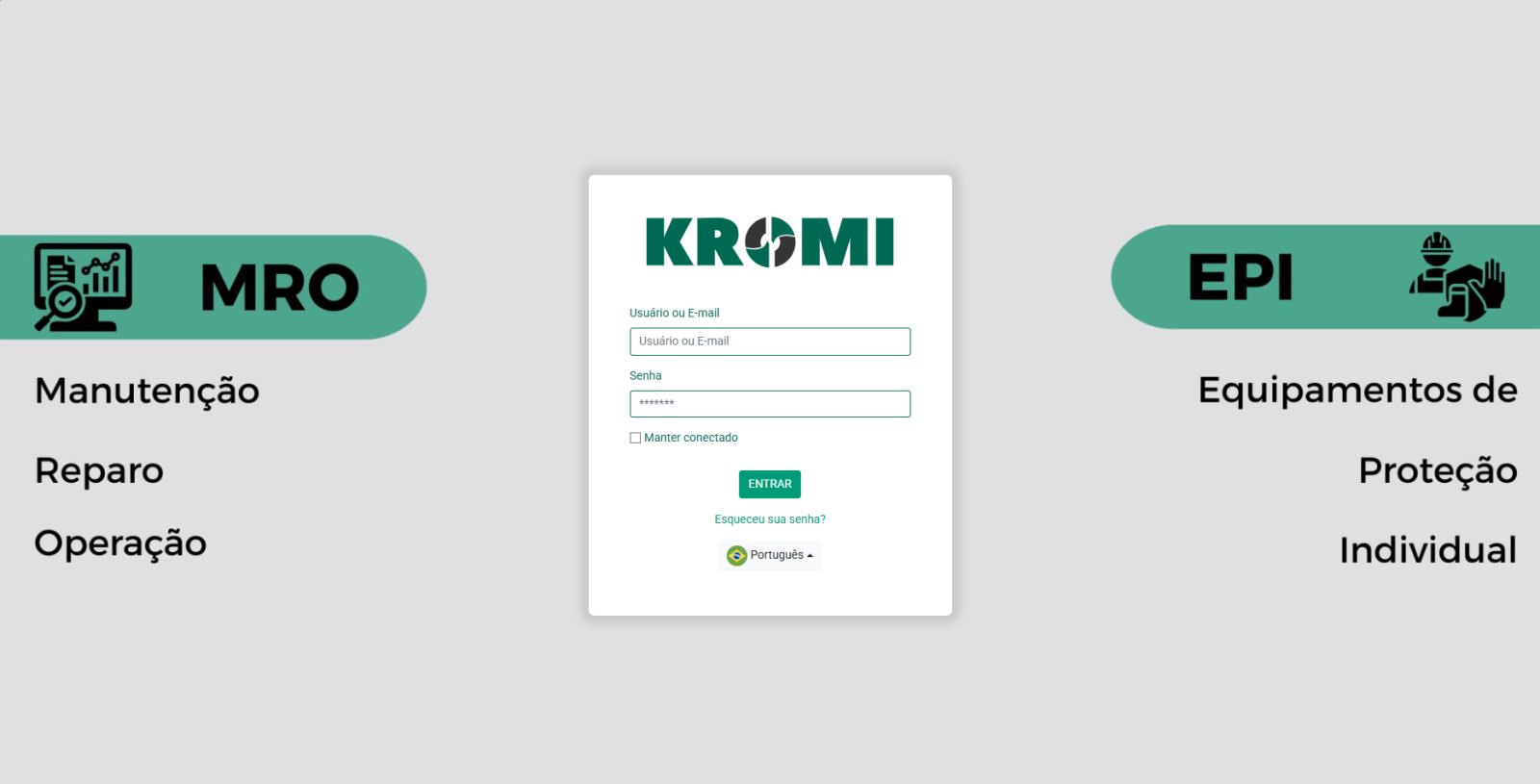 Portal MRO — Entrando no portal, cada um com seu próprio usuário e senha. MRO e EPI no mesmo acesso.